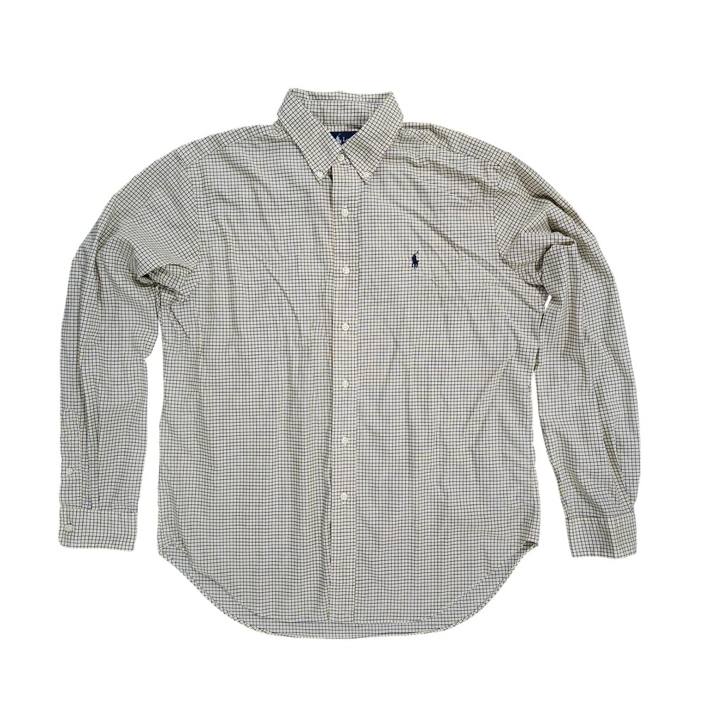 Ralph Lauren Classic Fit Mens L Yellow Navy Check‎ Button Down Long Sleeve Shirt